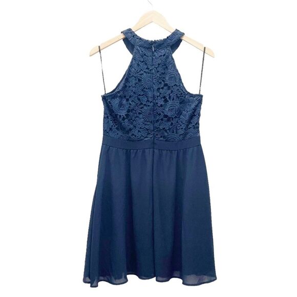 Lulus Lover's Game Navy Blue Lace Halter Neck Skater Dress Women’s Size Medium - Picture 3 of 13